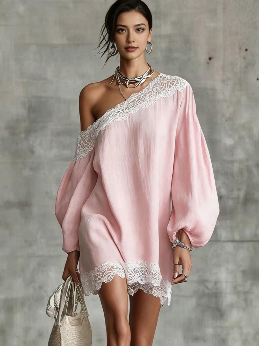 Off-Shoulder Pink Lace-Trim Blouson Tunic